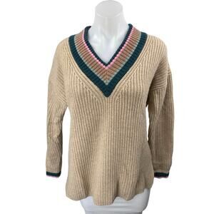 Madewell Women's Tan Striped V-Neck Wool Chunky Knit Long Sleeve Sweater Top S